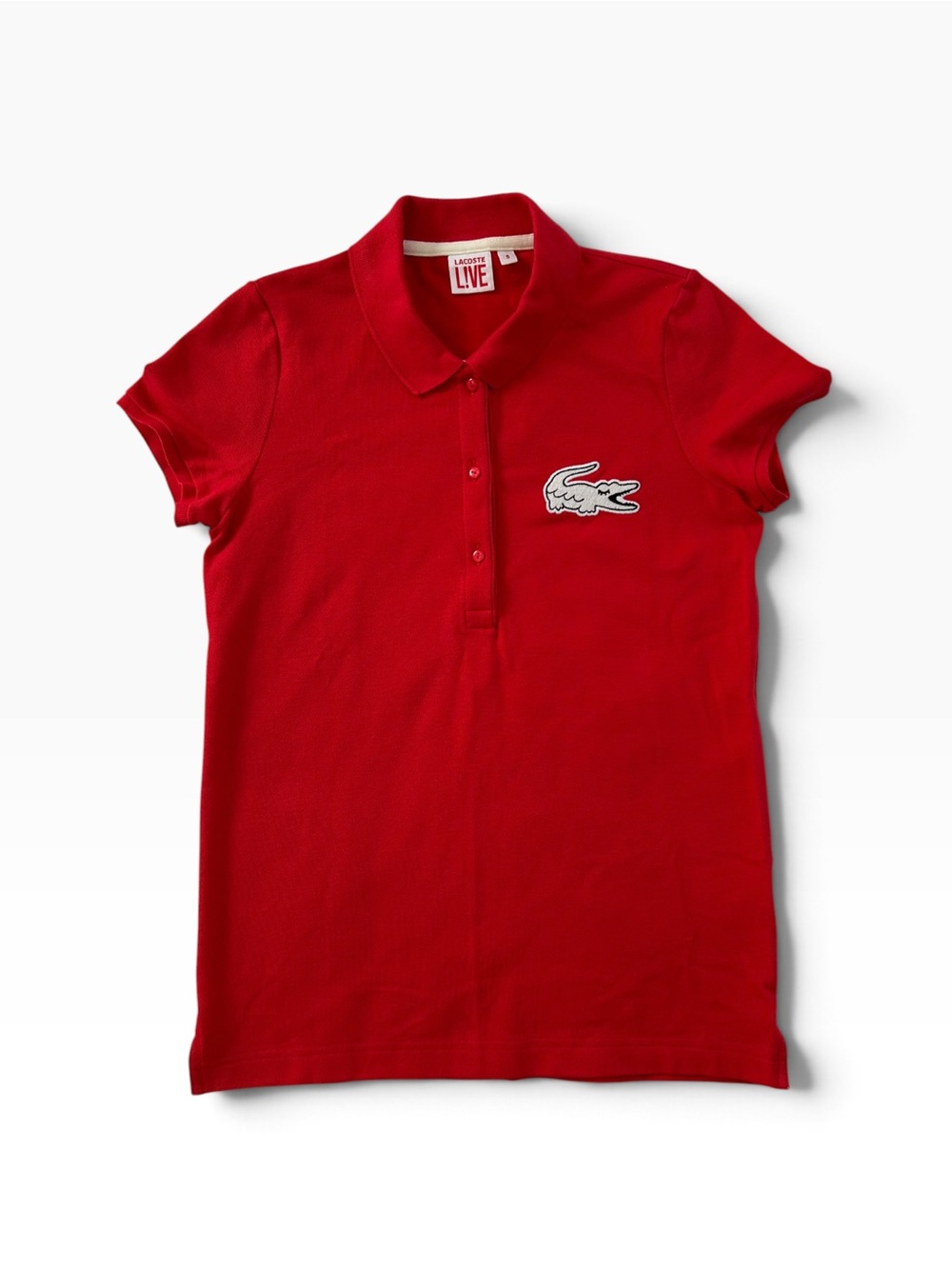 Lacoste Red Women's French Preppy Button-Down Polo with Winking Crocodile Patch